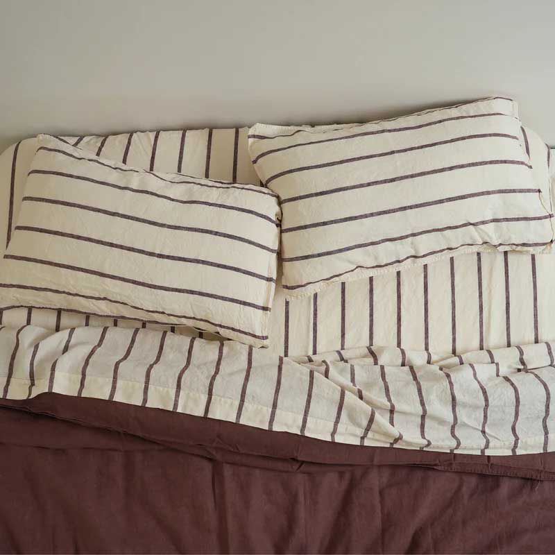 Home Lab 100% French Flax Linen Sheet Set Cocoa Stripe image number 1